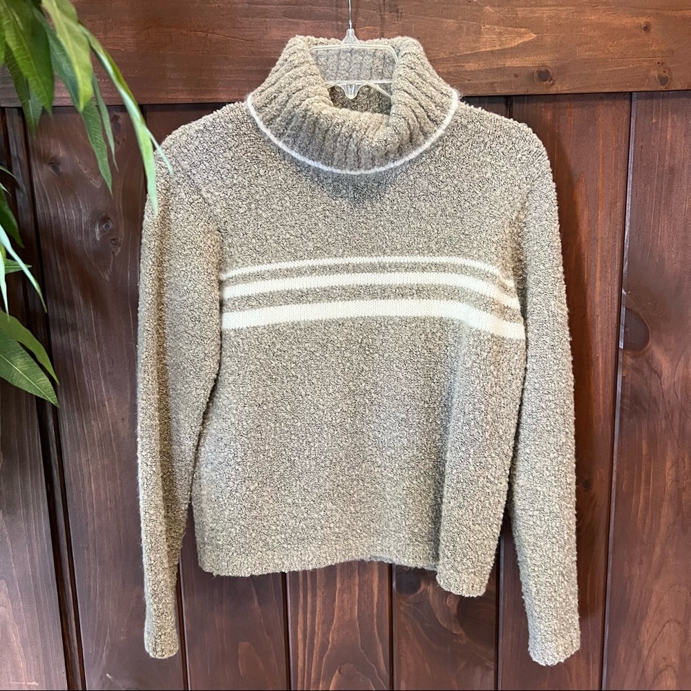 Neutral Tan Beige Popcorn Knit Stripe Wool Blend Turtleneck Sweater